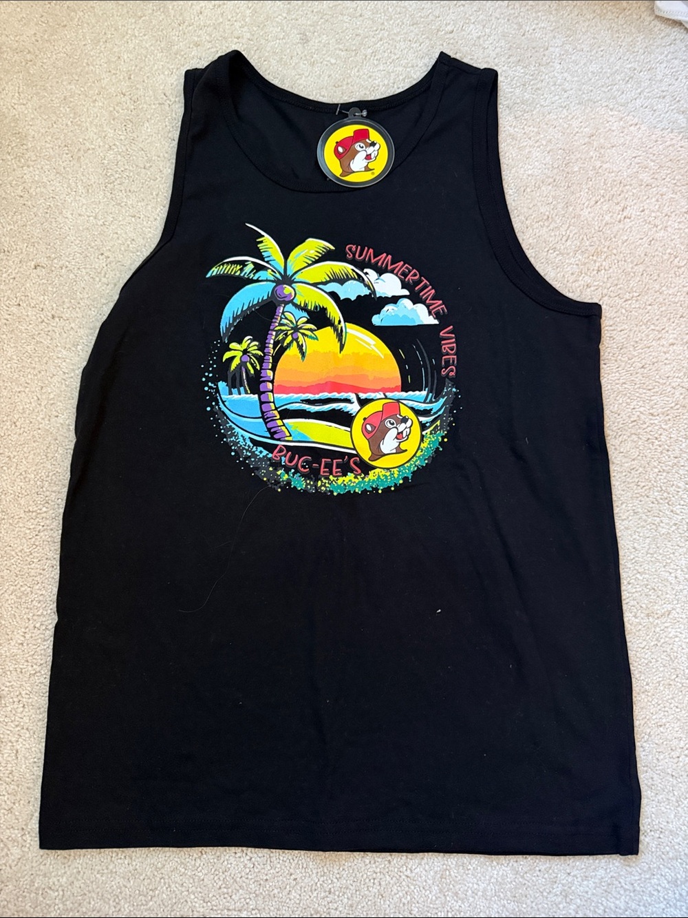 Buc-ee's Black Men's Tank with Tropical Sunset Graphic - Swim Rash Guard Style